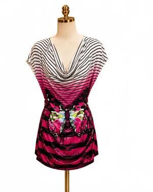 NEW PARIS PARIS women's belted cowl neck tunic top in butterfly fuchsia